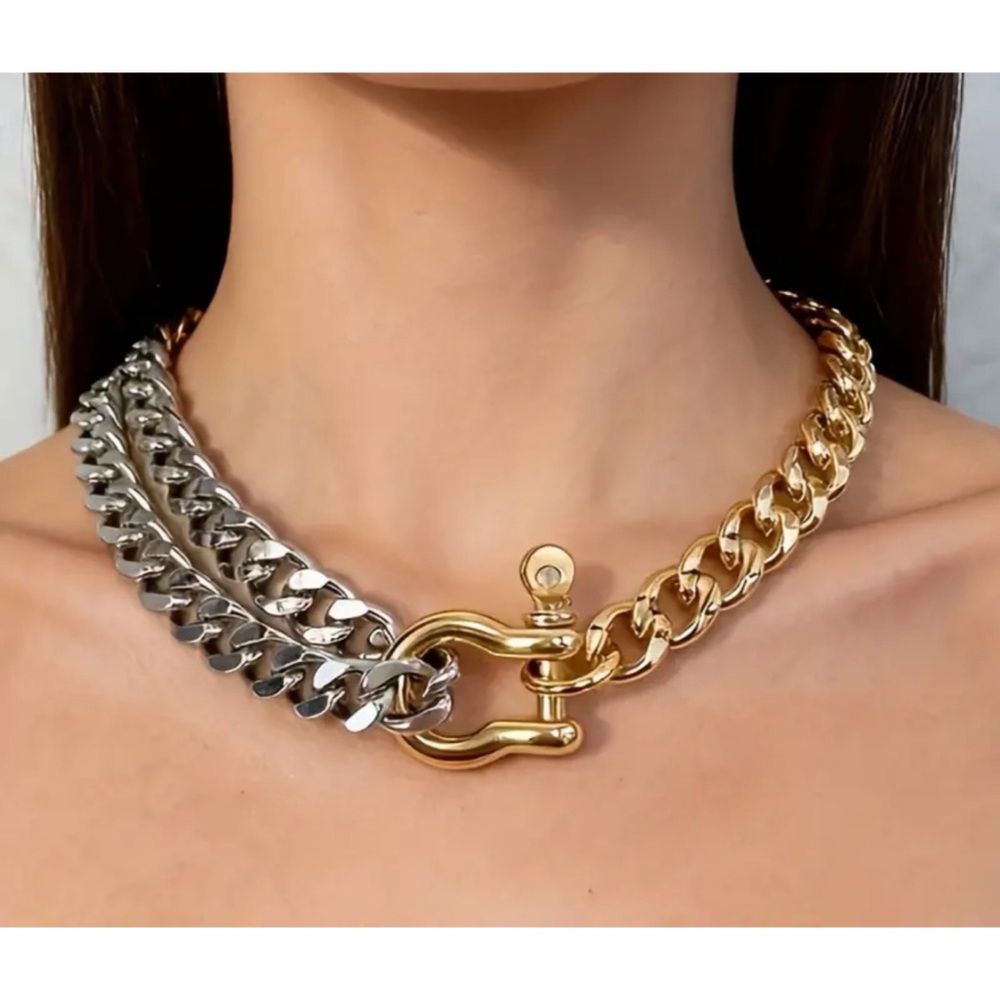 Gorgeous Multi Strand Horseshoe Mixed Gold and Silver Stainless Steel Necklace